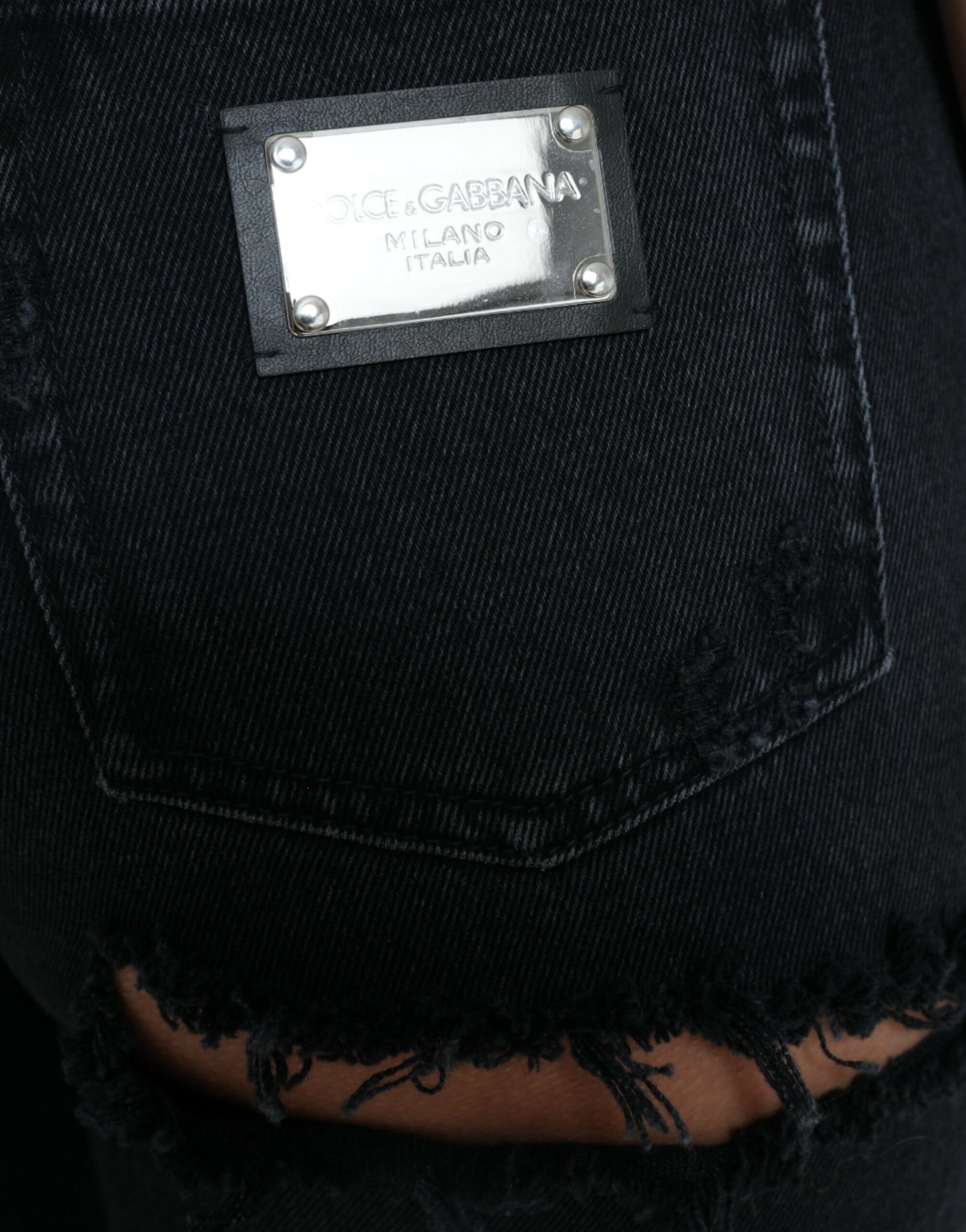 Jean en denim déchiré taille haute en coton noir Dolce &amp; Gabbana