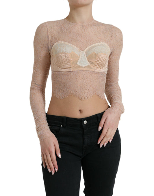 Dolce &amp; Gabbana Haut court bustier en nylon beige et dentelle florale