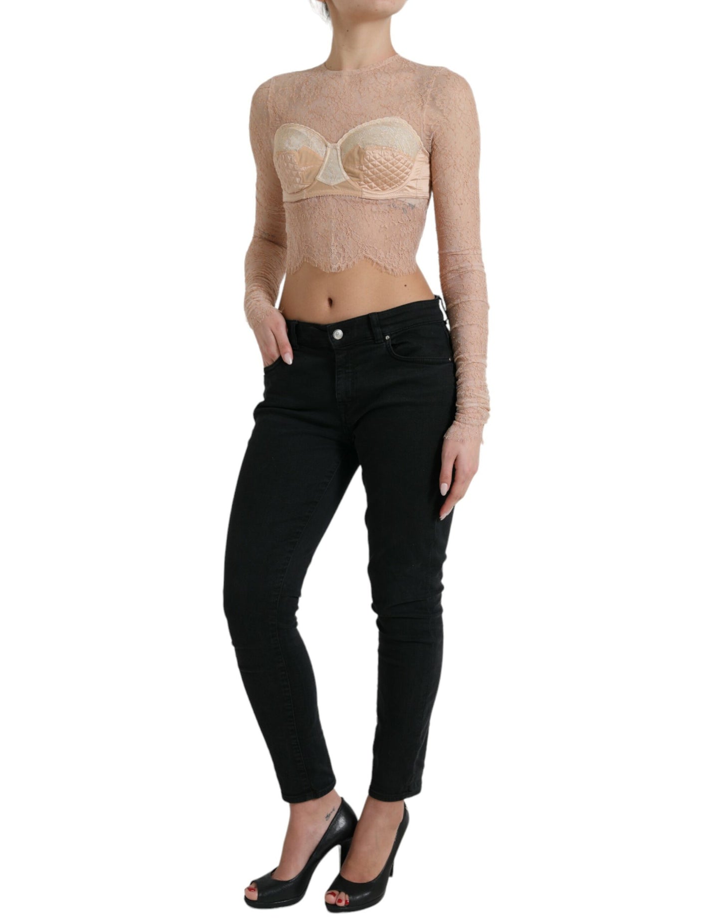 Dolce &amp; Gabbana Haut court bustier en nylon beige et dentelle florale