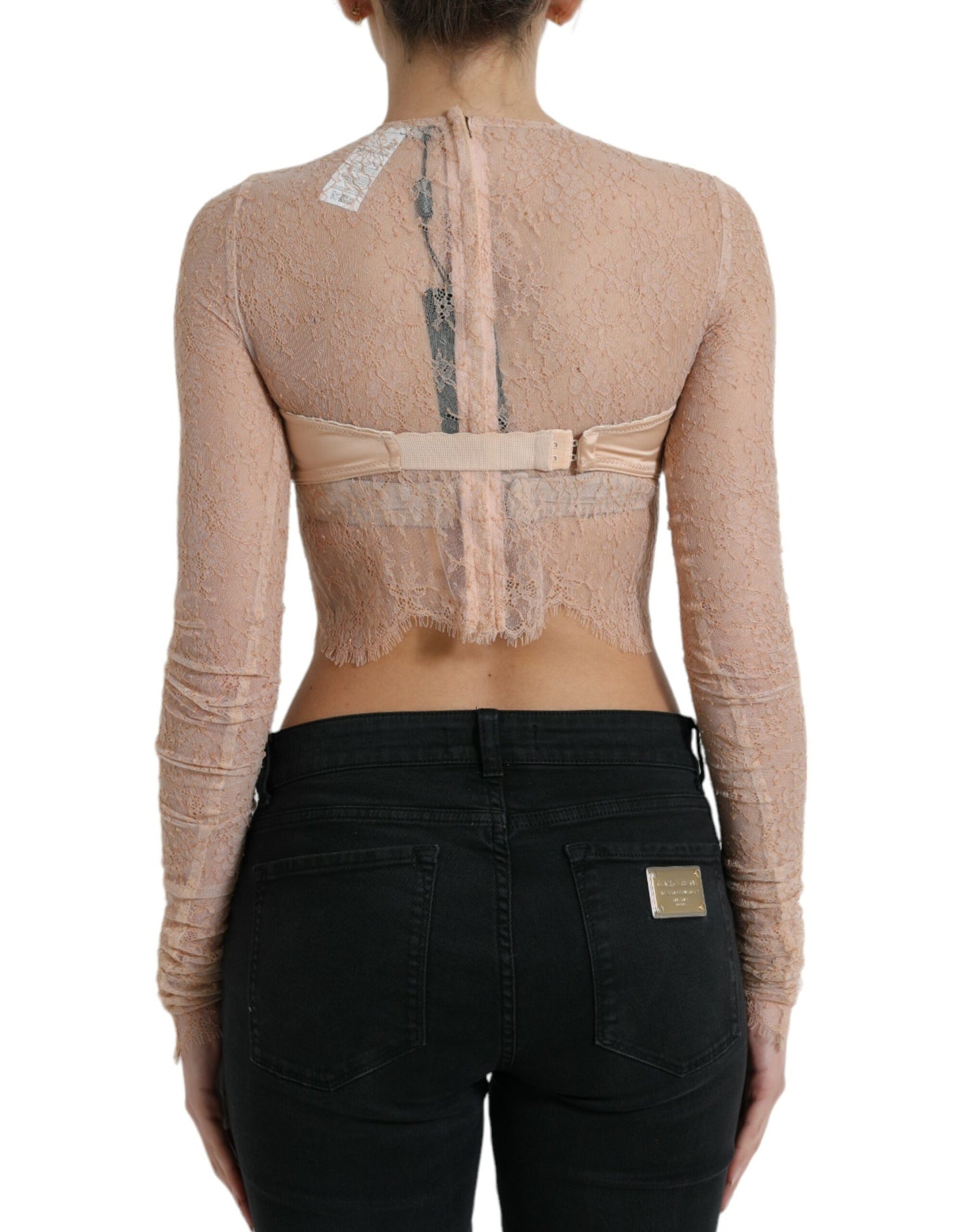 Dolce &amp; Gabbana Haut court bustier en nylon beige et dentelle florale