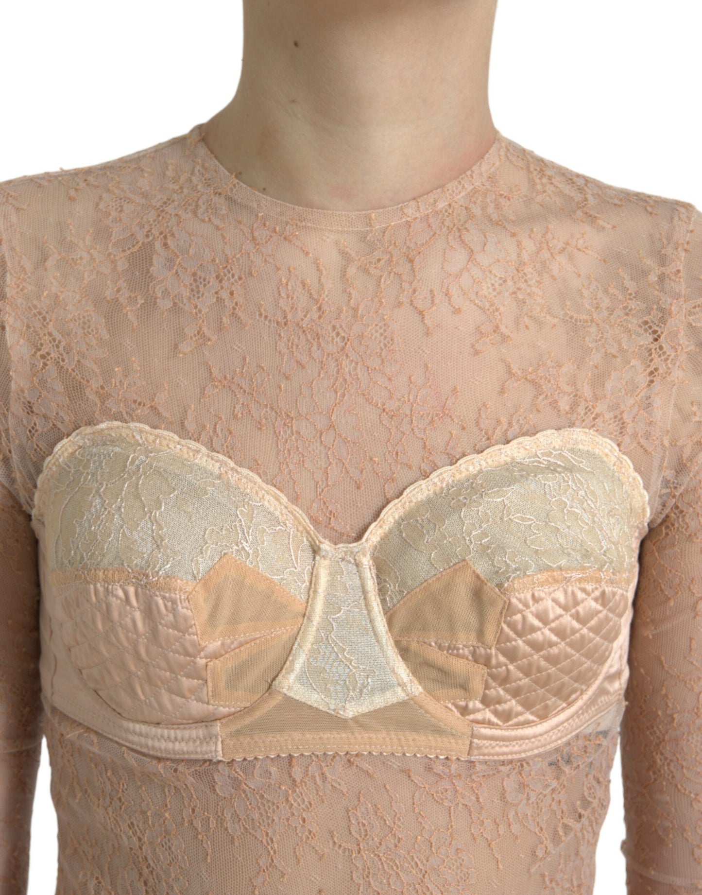 Dolce &amp; Gabbana Haut court bustier en nylon beige et dentelle florale