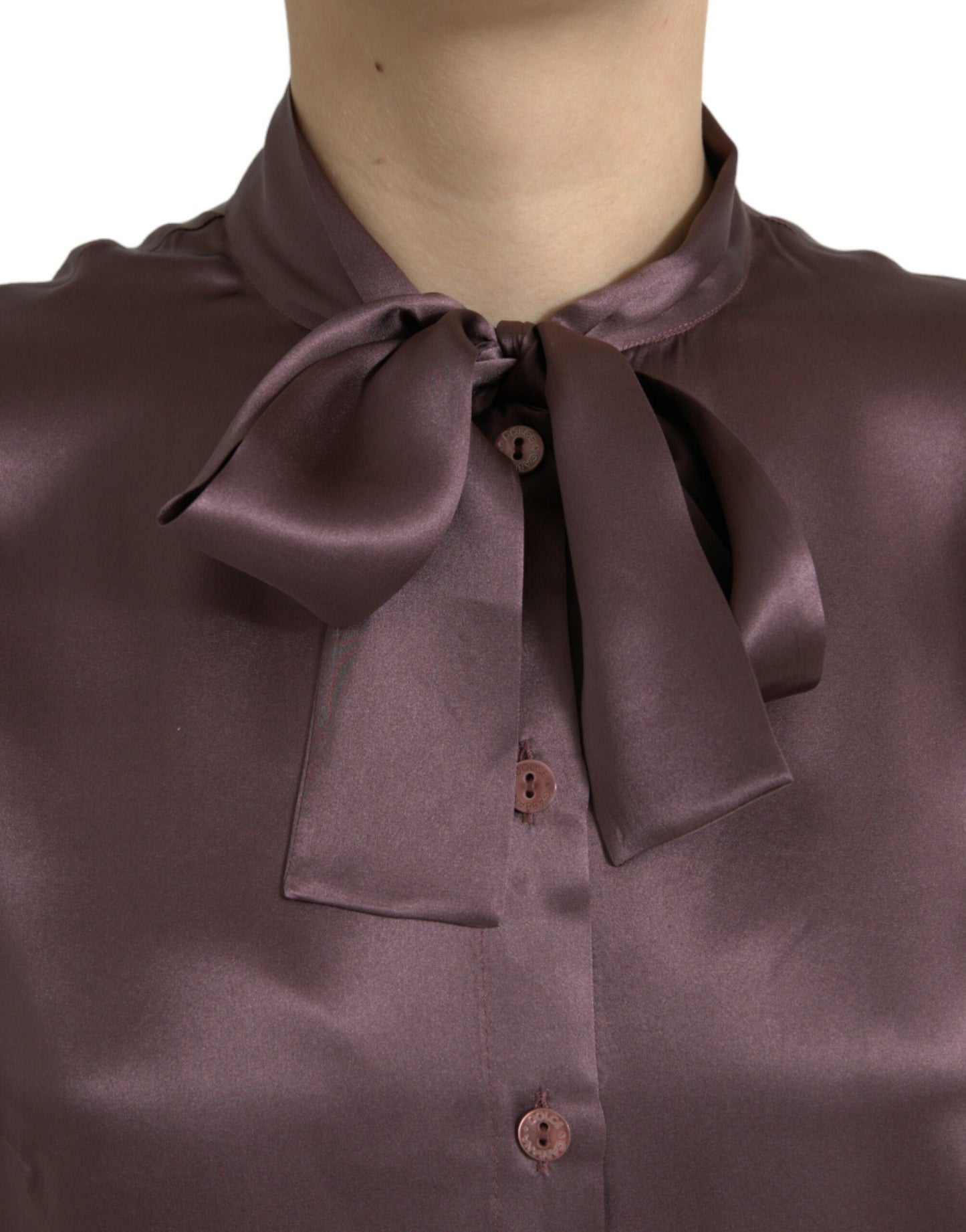 Dolce &amp; Gabbana, langärmliges Blusentop aus Seide mit Ascot-Kragen in Braun
