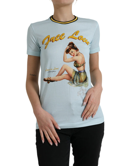 Dolce &amp; Gabbana – Hellblaues T-Shirt „Free Love“ aus Baumwolle mit Rundhalsausschnitt