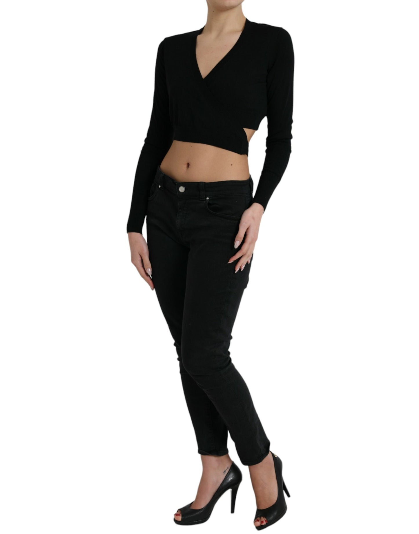Pull cardigan croisé à col en V en laine noire Dolce &amp; Gabbana