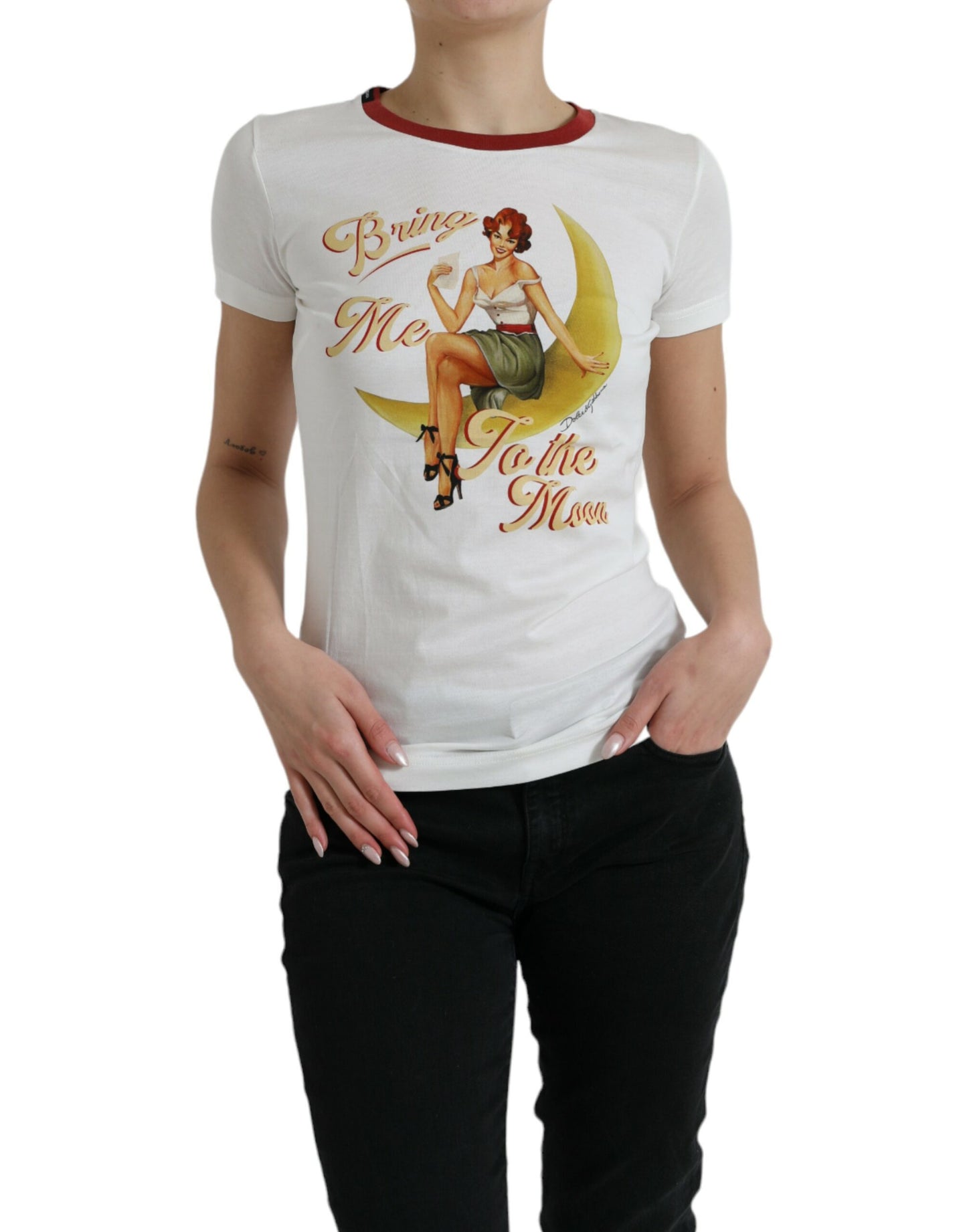 Dolce &amp; Gabbana Weißes T-Shirt-Oberteil „Bring Me To The Moon“
