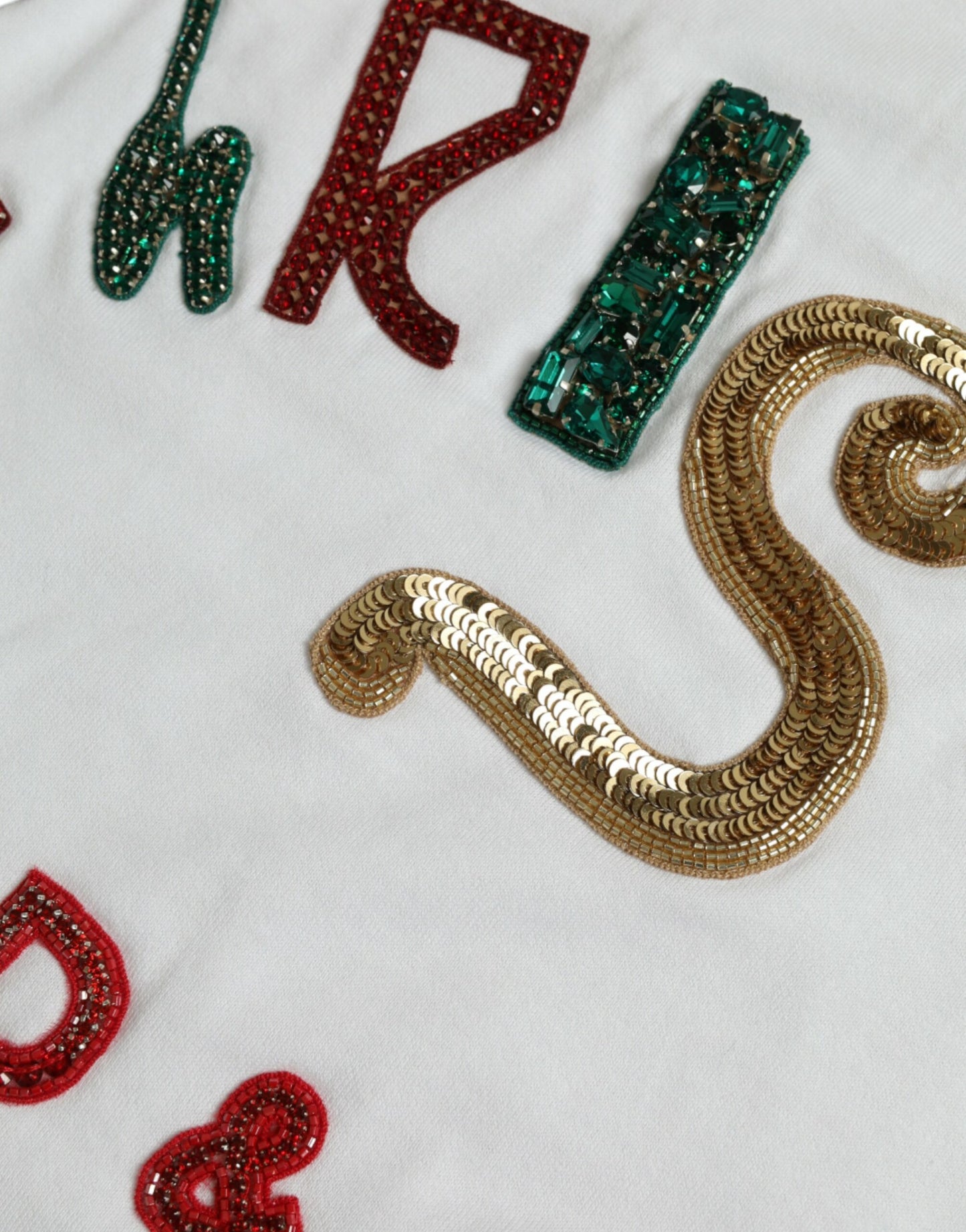 Dolce &amp; Gabbana Weißes Baumwoll-T-Shirt mit Weihnachtspailletten und Pelz