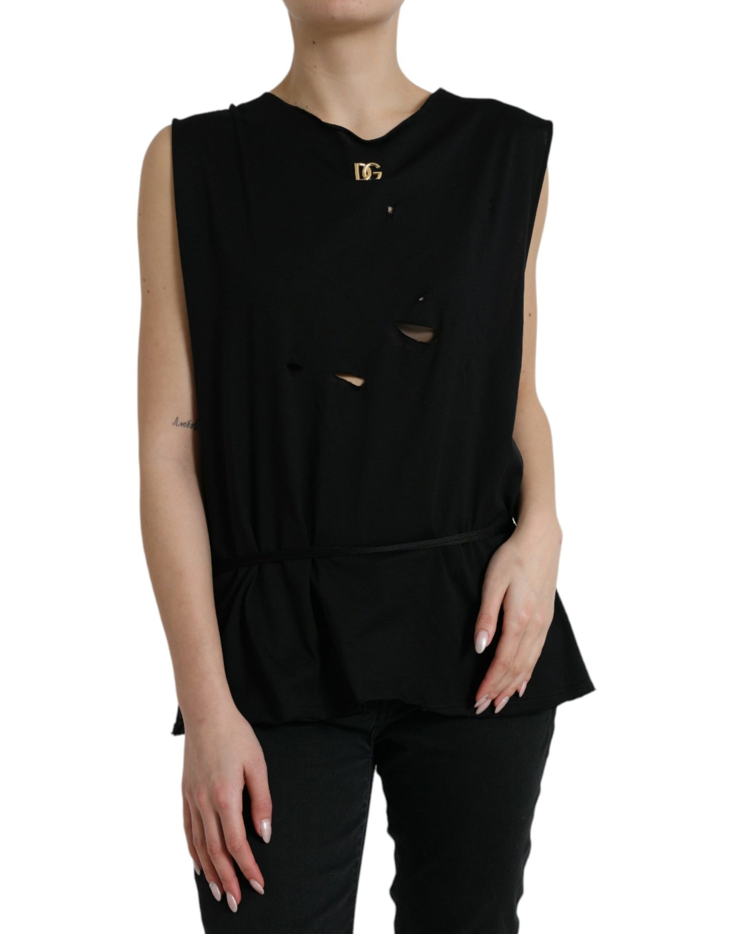 Débardeur col rond à lacets en coton noir Dolce &amp; Gabbana