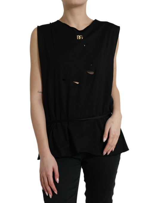 Débardeur col rond à lacets en coton noir Dolce &amp; Gabbana