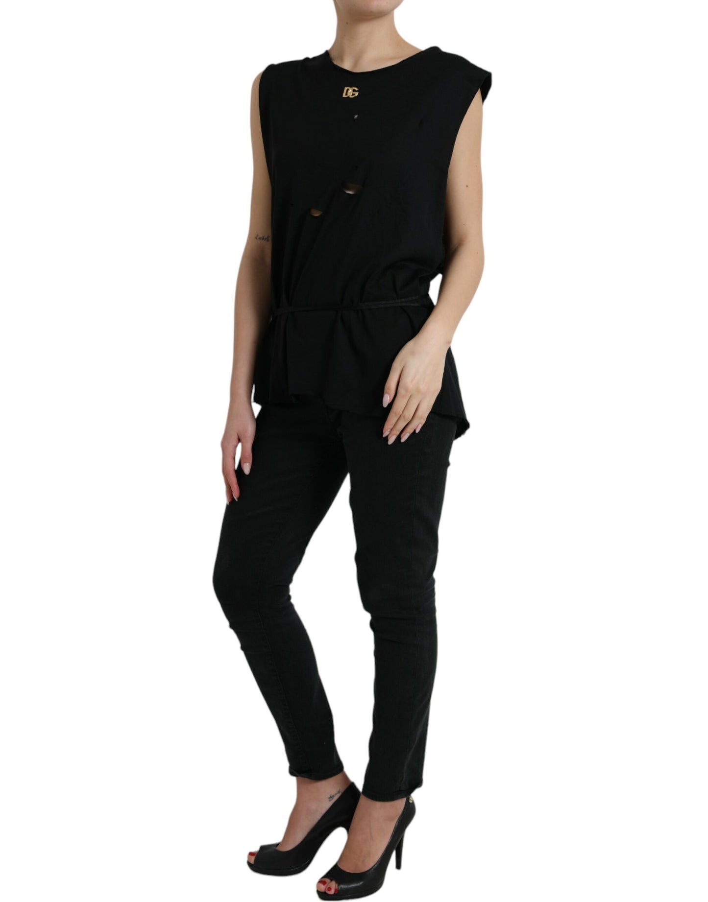 Débardeur col rond à lacets en coton noir Dolce &amp; Gabbana