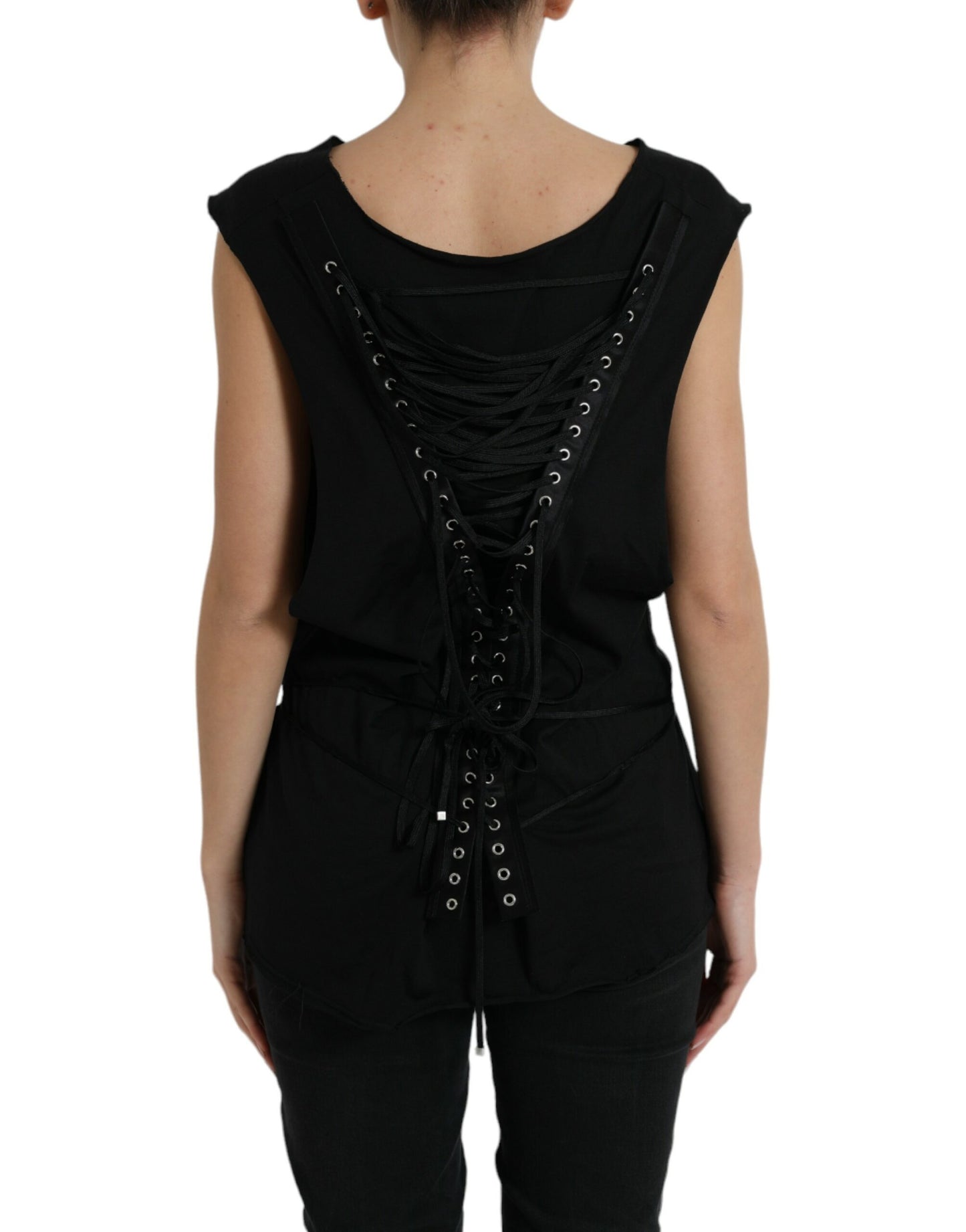 Débardeur col rond à lacets en coton noir Dolce &amp; Gabbana