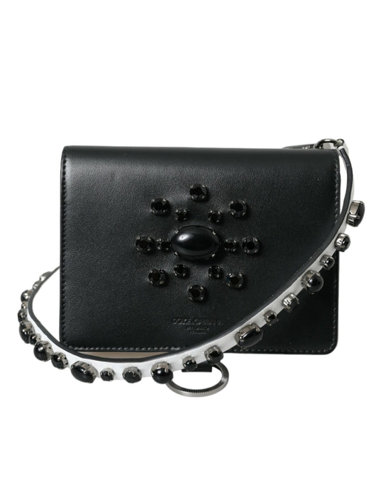 Portefeuille porte-cartes Dolce &amp; Gabbana en cuir noir et blanc orné de cristaux