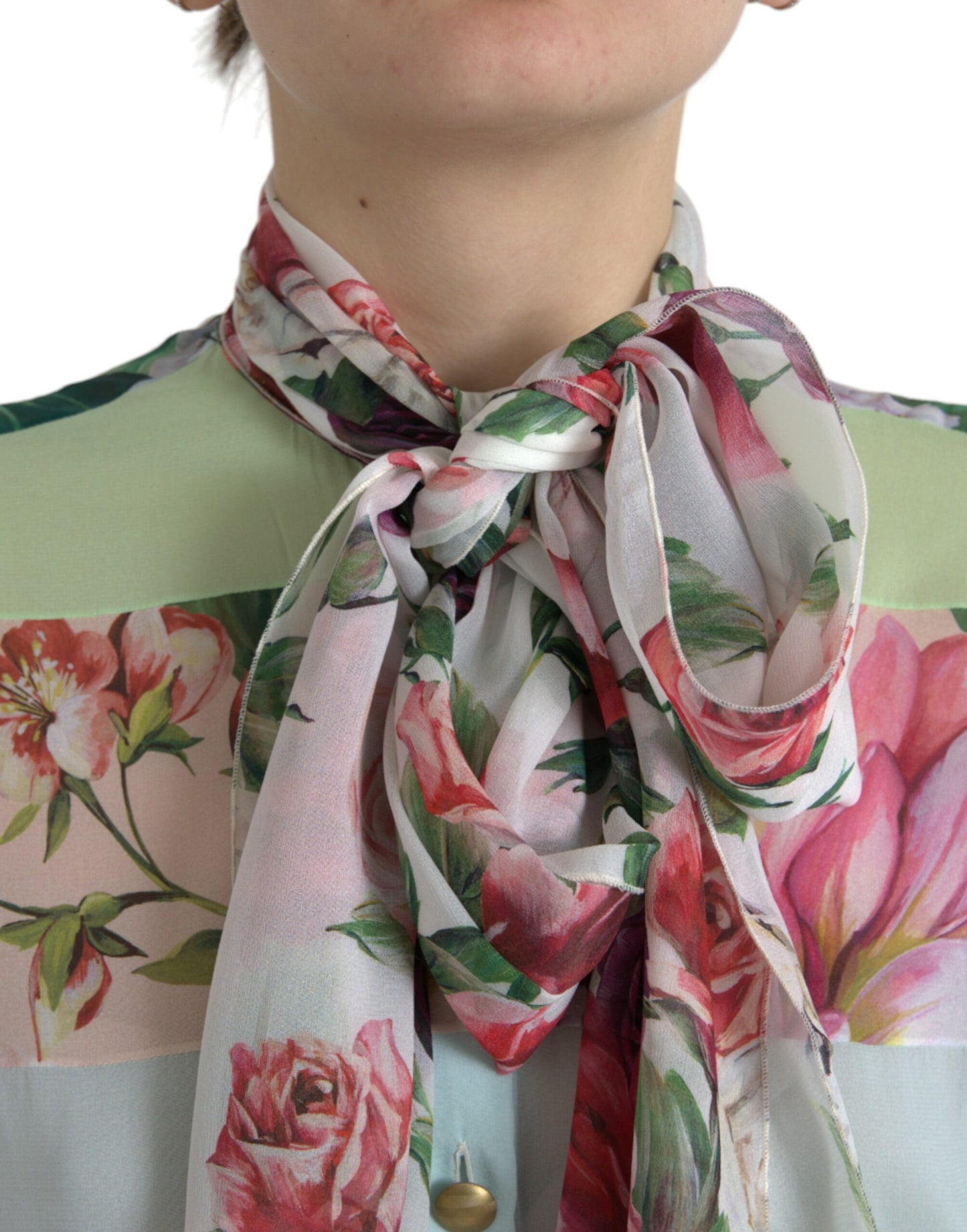 Dolce &amp; Gabbana, mehrfarbiges Oberteil mit Ascot-Kragen und Blumen-Patchwork