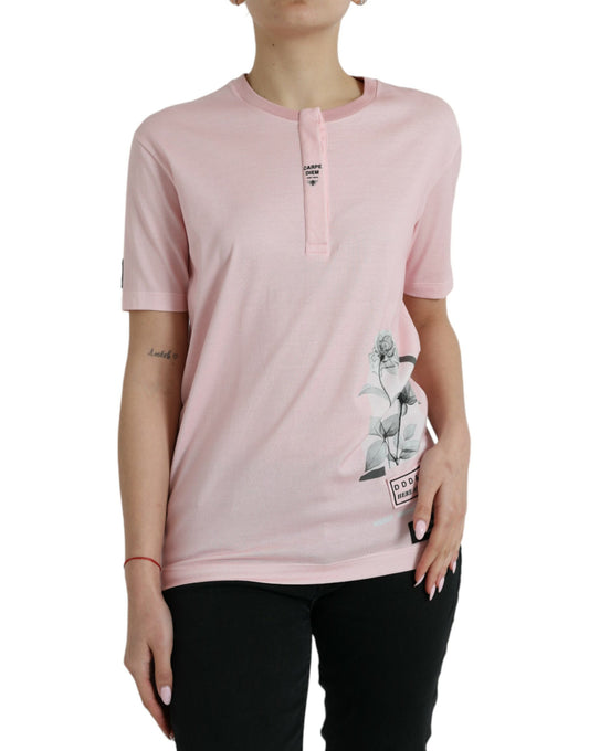Dolce &amp; Gabbana – Rosafarbenes T-Shirt aus Baumwolle mit kurzen Ärmeln und Blumendruck