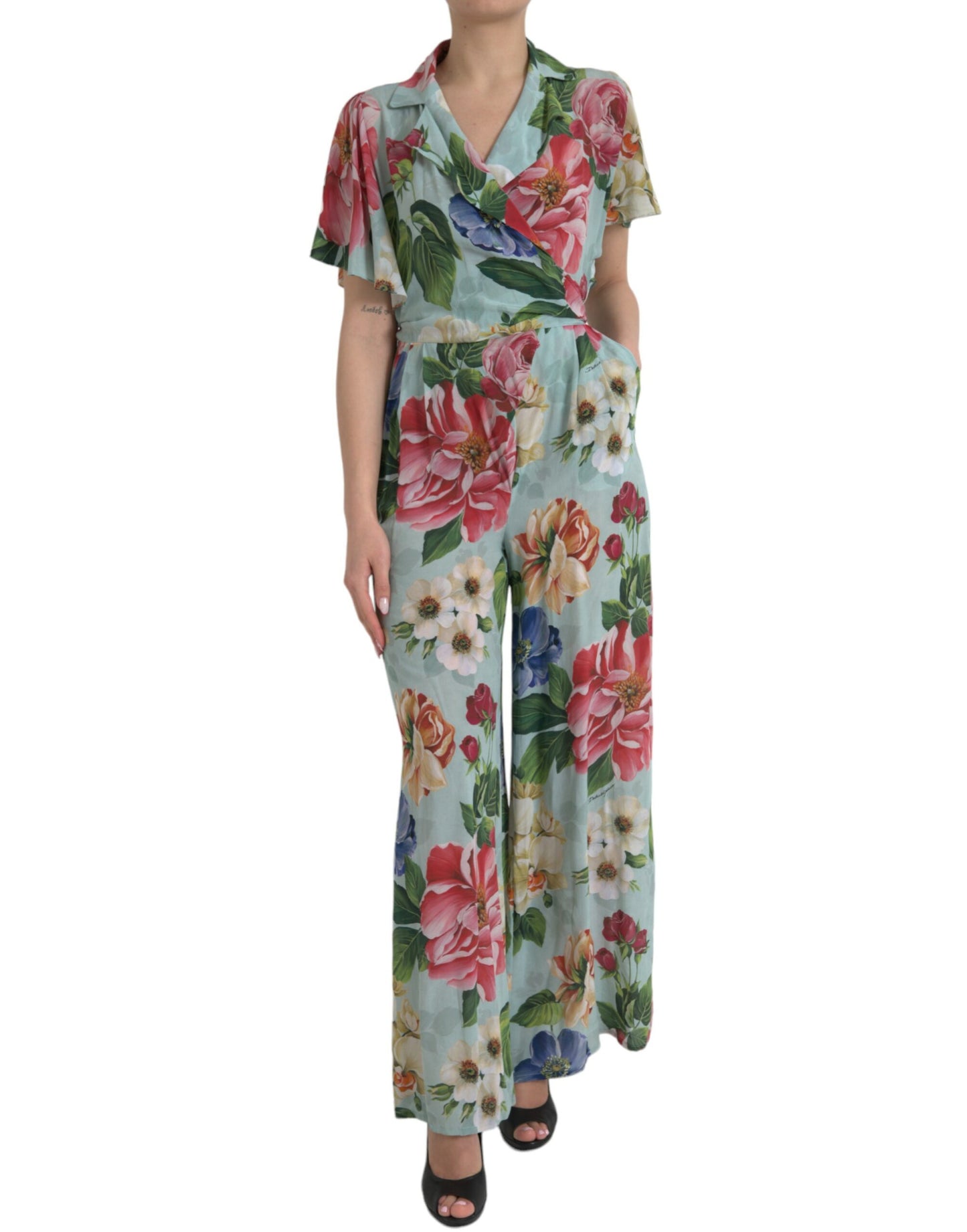 Robe-combinaison portefeuille à jambe large et motif floral bleu Dolce &amp; Gabbana