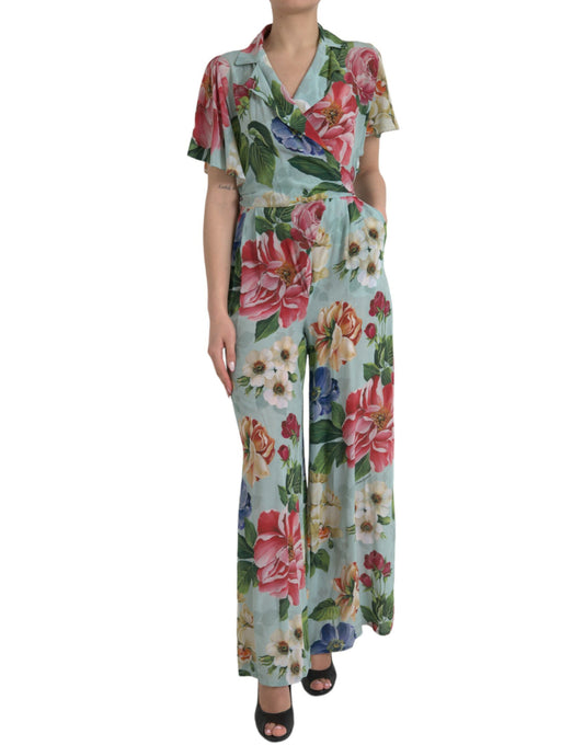 Robe-combinaison portefeuille à jambe large et motif floral bleu Dolce &amp; Gabbana