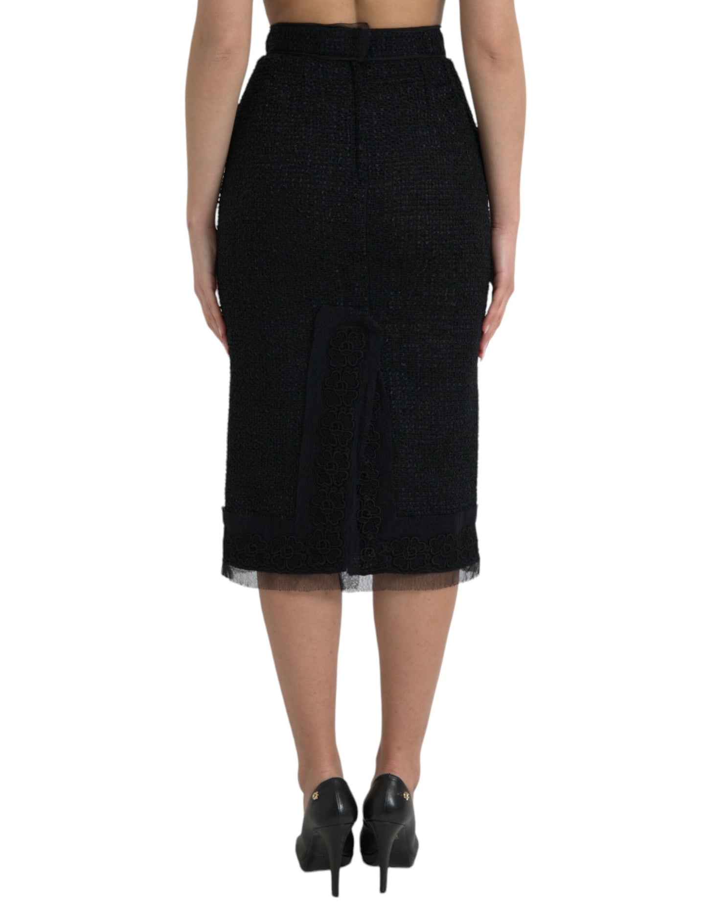 Jupe crayon mi-longue taille haute en laine noire Dolce &amp; Gabbana