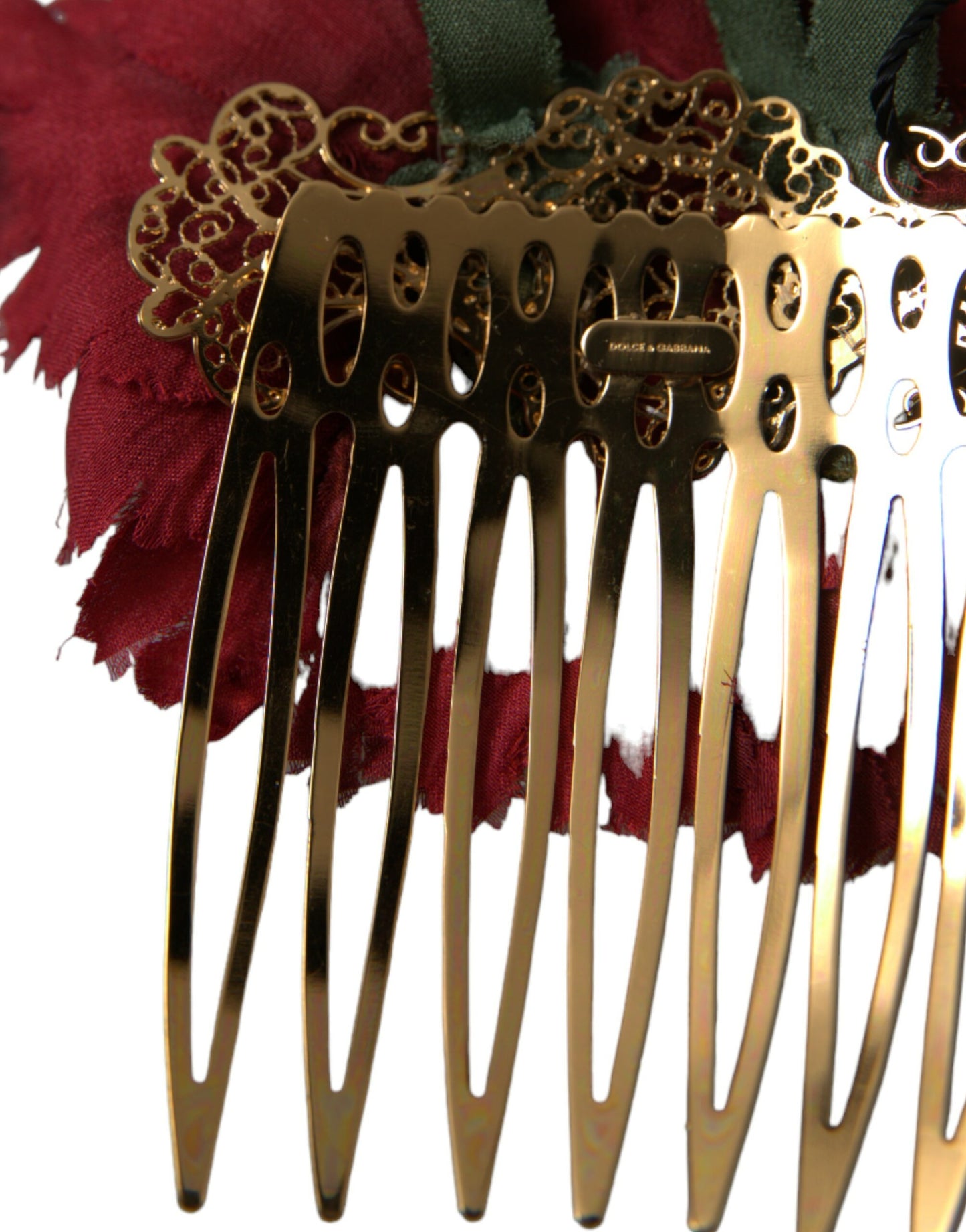 Dolce &amp; Gabbana – Haarkamm aus roter Seide mit Blumenmuster und goldenem Messing für Damen