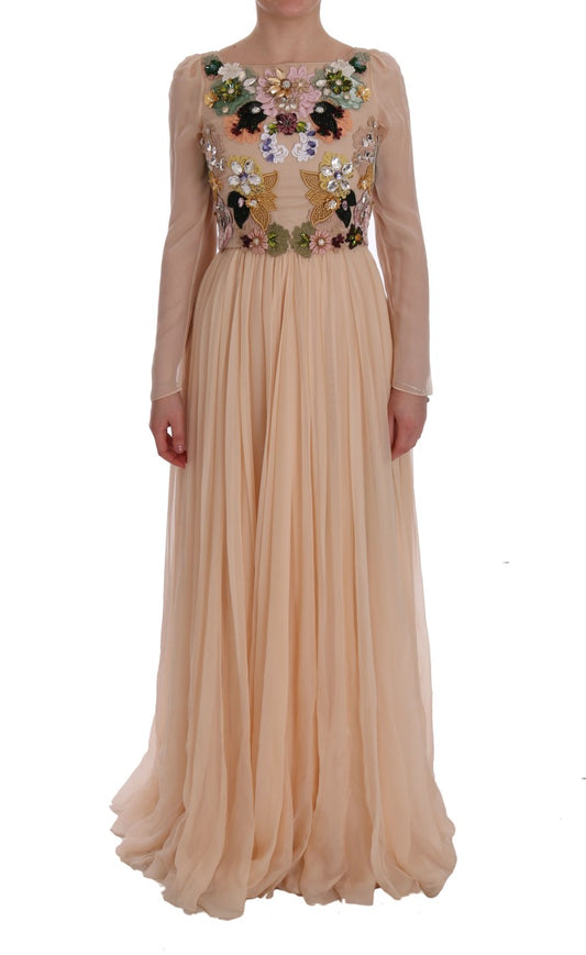 Robe longue en soie rose à fleurs et cristaux Dolce &amp; Gabbana