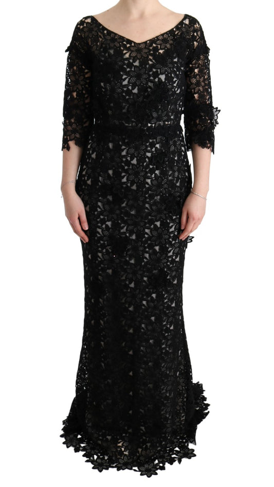 Robe longue fleurie en coton et soie noire Dolce &amp; Gabbana