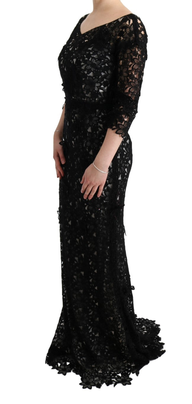 Robe longue fleurie en coton et soie noire Dolce &amp; Gabbana
