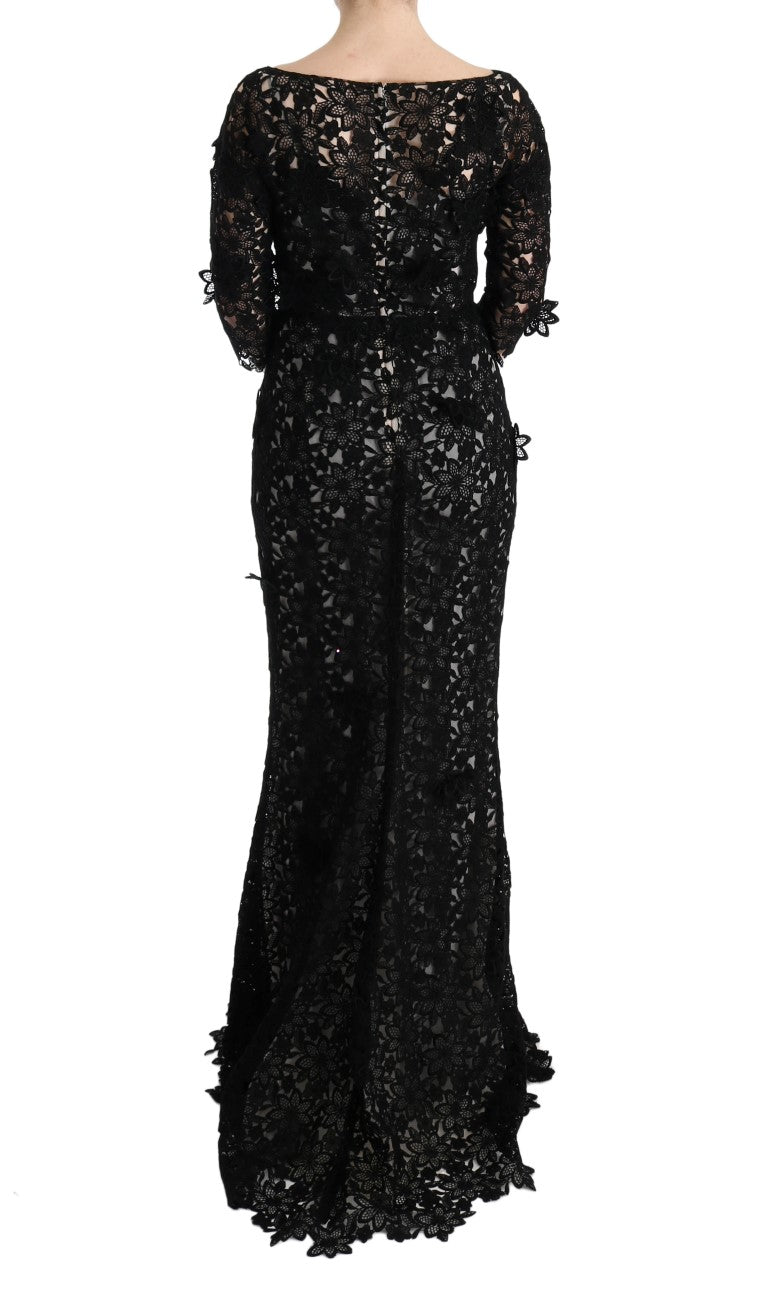 Robe longue fleurie en coton et soie noire Dolce &amp; Gabbana