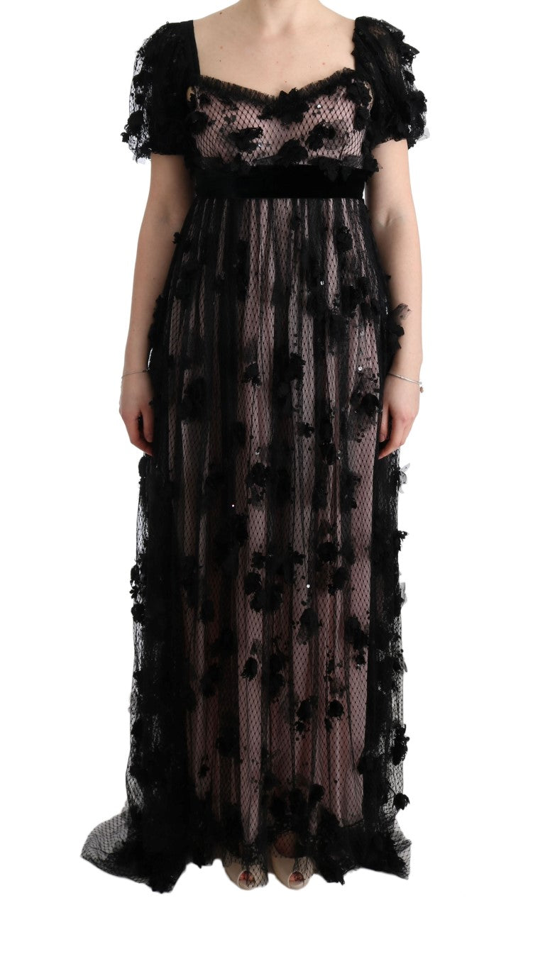 Robe droite en soie noire et rose à appliques Dolce &amp; Gabbana