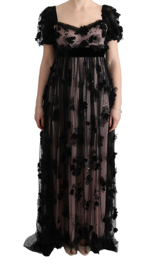 Robe droite en soie noire et rose à appliques Dolce &amp; Gabbana