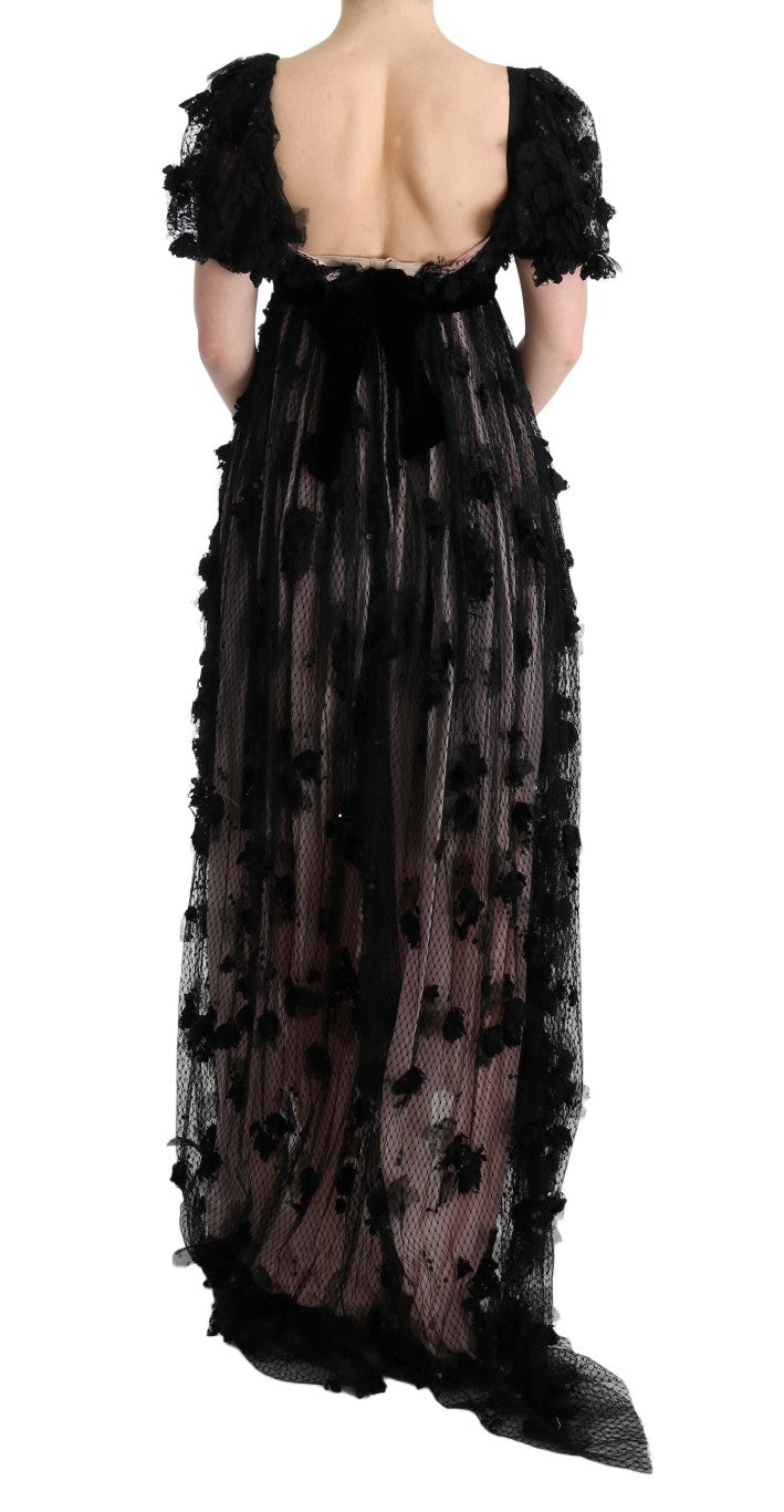 Robe droite en soie noire et rose à appliques Dolce &amp; Gabbana
