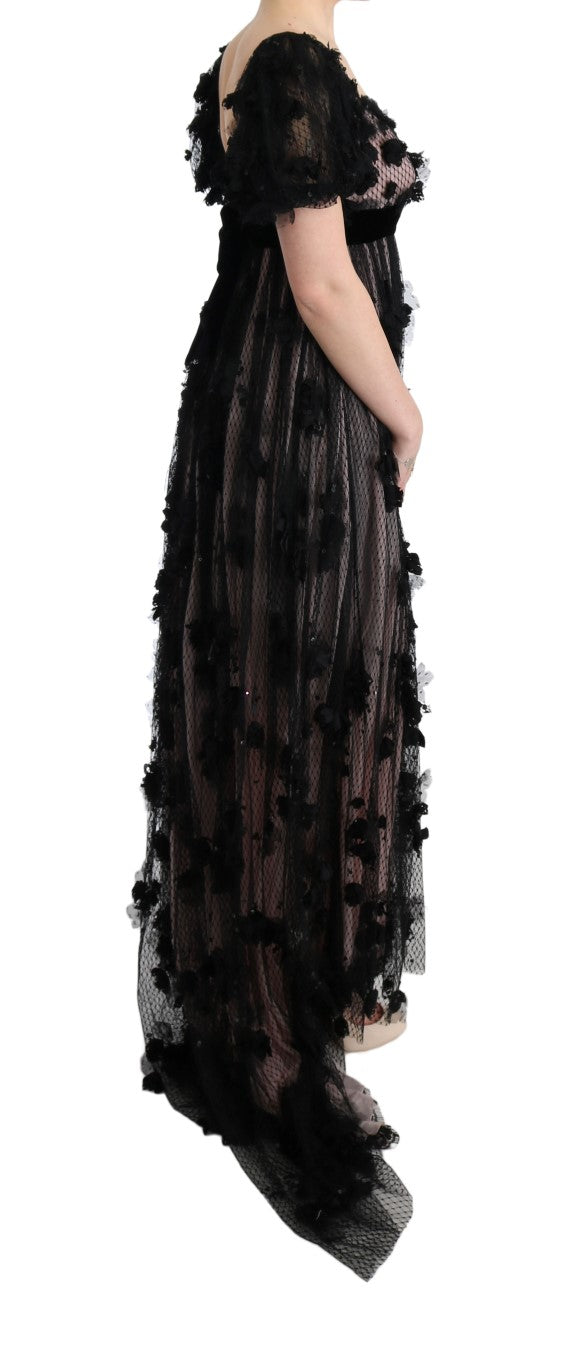 Robe droite en soie noire et rose à appliques Dolce &amp; Gabbana