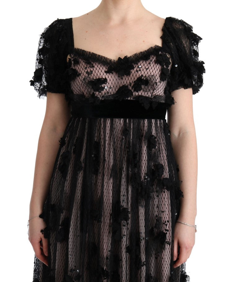 Robe droite en soie noire et rose à appliques Dolce &amp; Gabbana