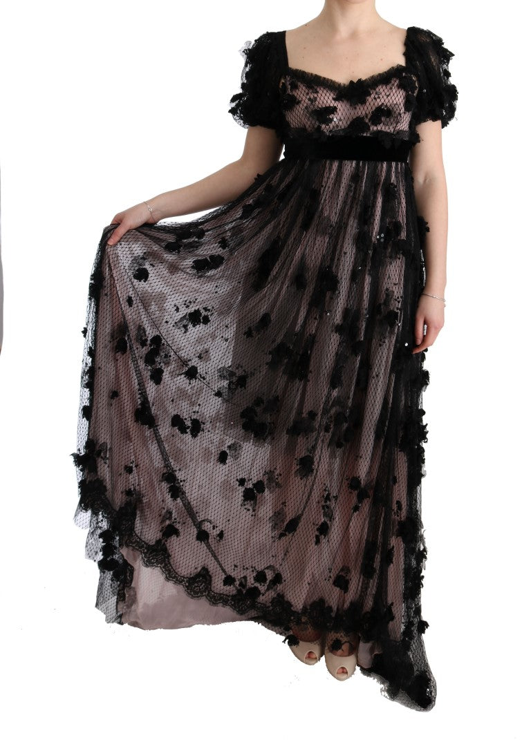 Robe droite en soie noire et rose à appliques Dolce &amp; Gabbana