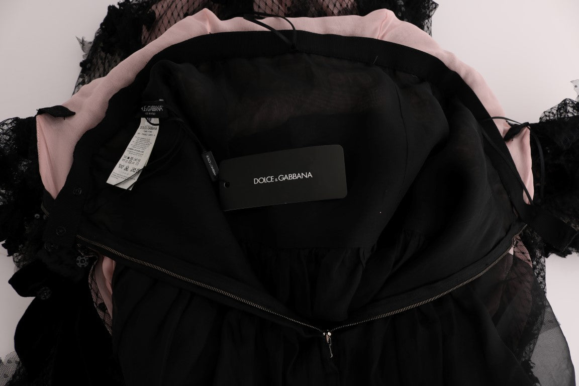Robe droite en soie noire et rose à appliques Dolce &amp; Gabbana
