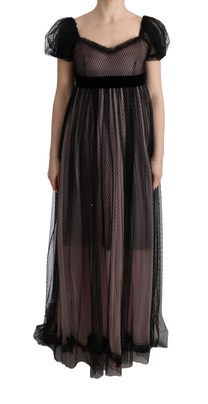 Robe longue droite en soie noire et rose Dolce &amp; Gabbana