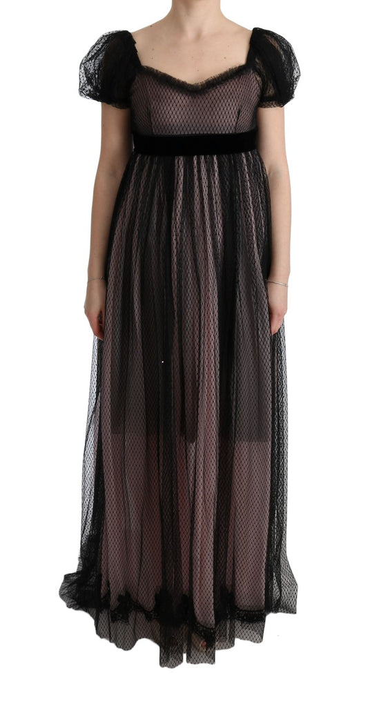 Robe longue droite en soie noire et rose Dolce &amp; Gabbana