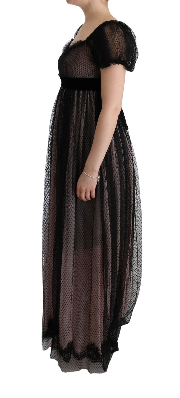 Robe longue droite en soie noire et rose Dolce &amp; Gabbana