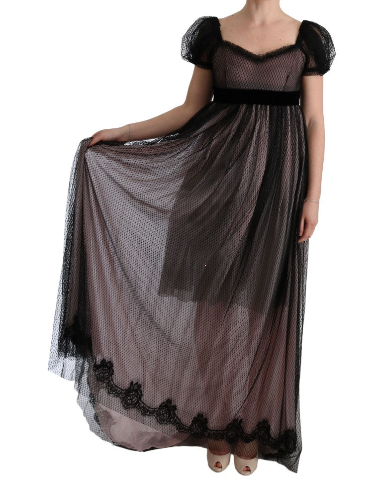 Robe longue droite en soie noire et rose Dolce &amp; Gabbana