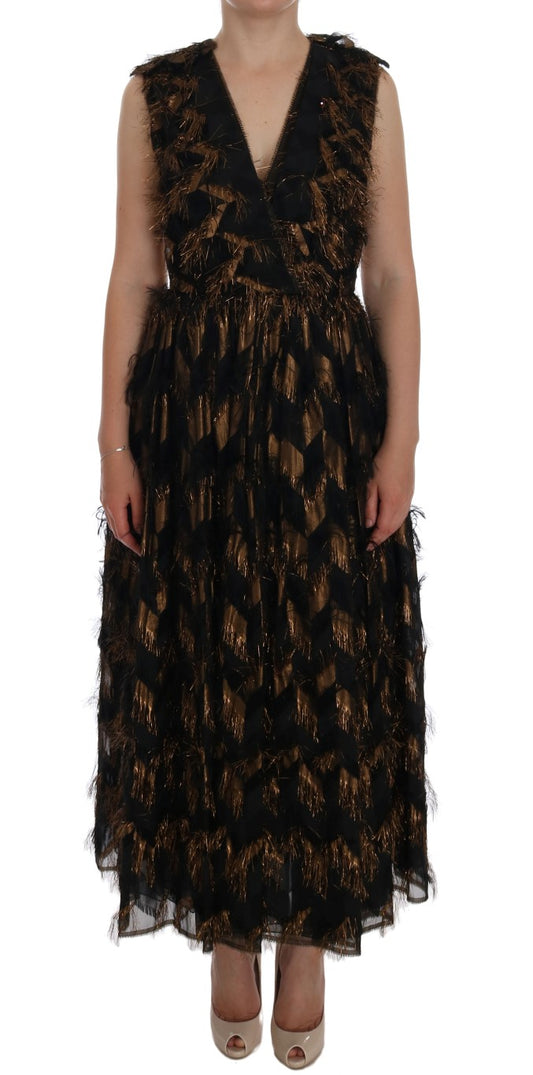 Robe trapèze en soie noire à franges marron Dolce &amp; Gabbana