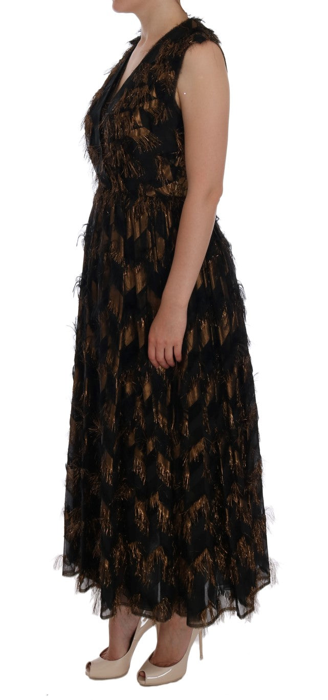 Robe trapèze en soie noire à franges marron Dolce &amp; Gabbana