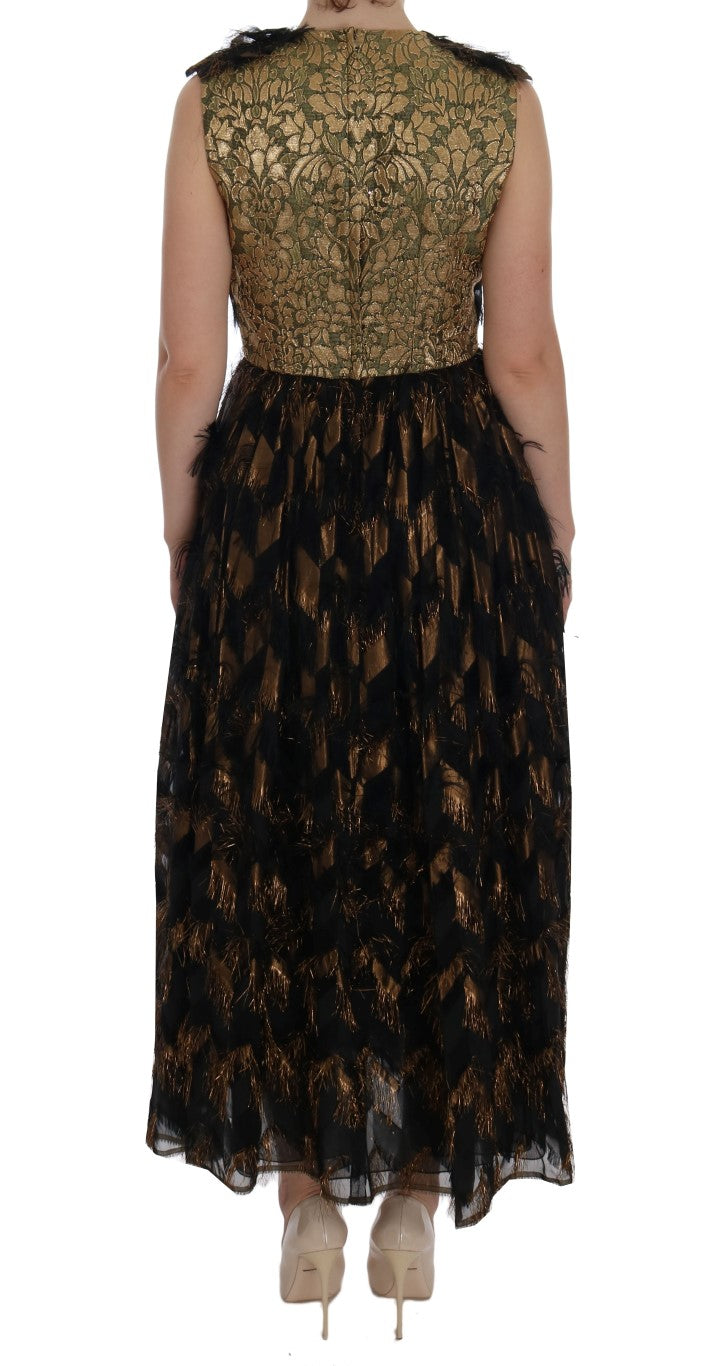 Robe trapèze en soie noire à franges marron Dolce &amp; Gabbana