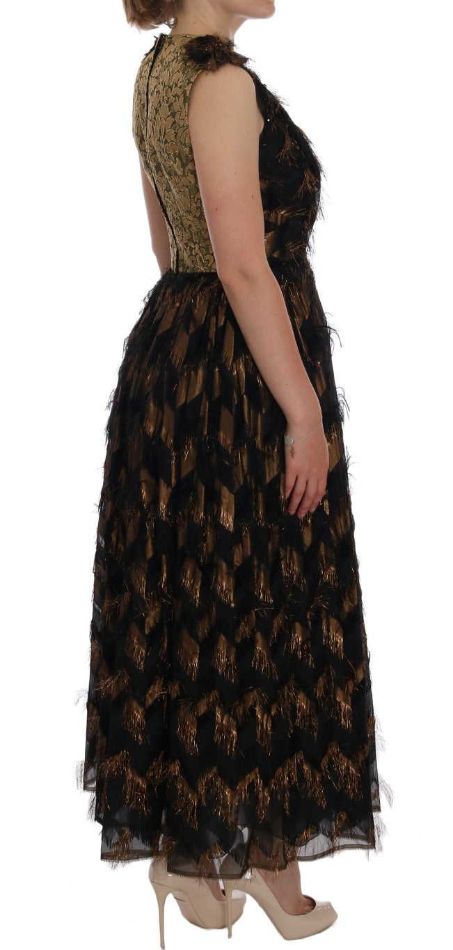 Robe trapèze en soie noire à franges marron Dolce &amp; Gabbana