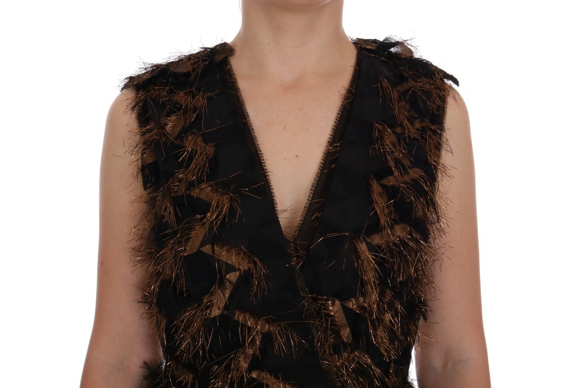 Robe trapèze en soie noire à franges marron Dolce &amp; Gabbana