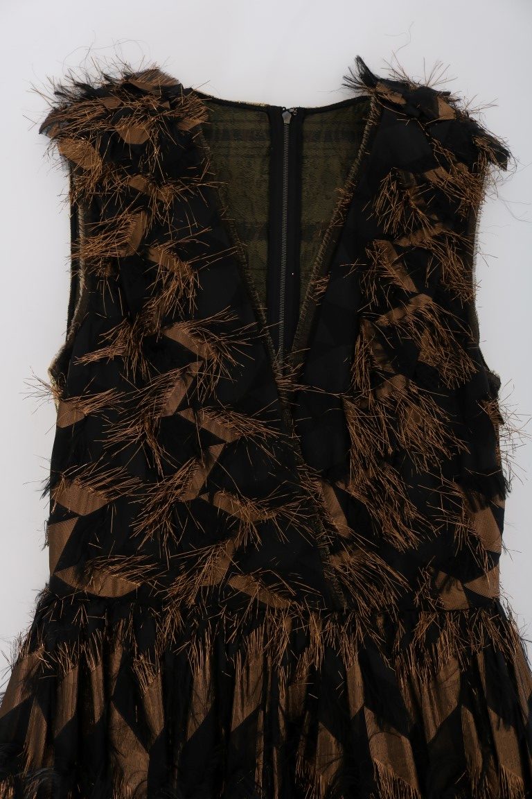 Robe trapèze en soie noire à franges marron Dolce &amp; Gabbana