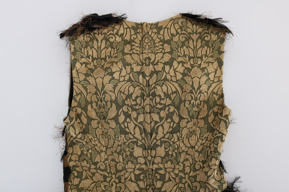 Robe trapèze en soie noire à franges marron Dolce &amp; Gabbana