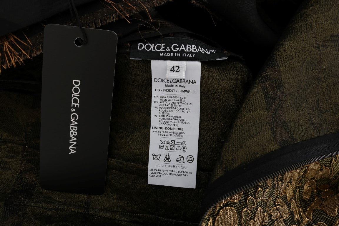 Robe trapèze en soie noire à franges marron Dolce &amp; Gabbana