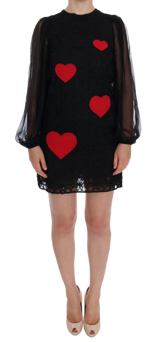 Robe droite en dentelle noire à cœur rouge Dolce &amp; Gabbana