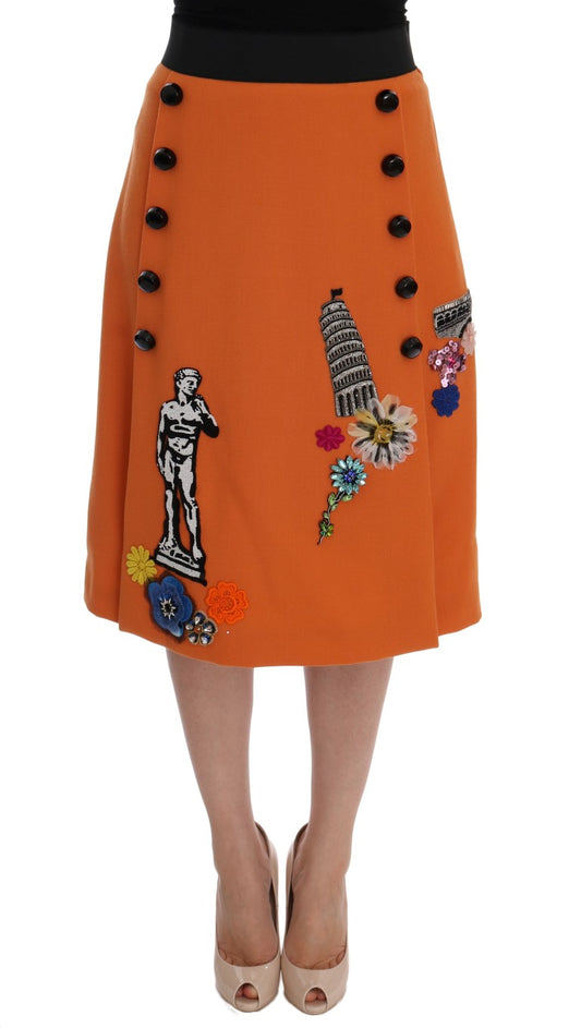 Jupe Dolce &amp; Gabbana en laine orange avec appliques de paillettes et cristaux
