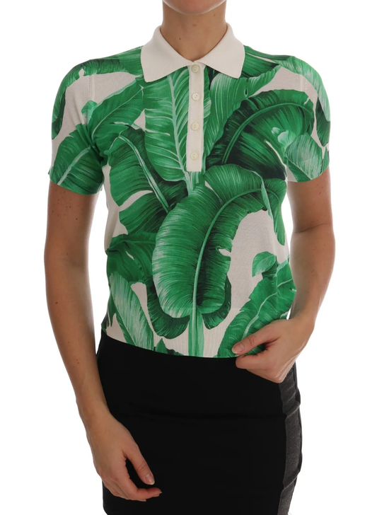 Polo en soie imprimé banane verte Dolce &amp; Gabbana
