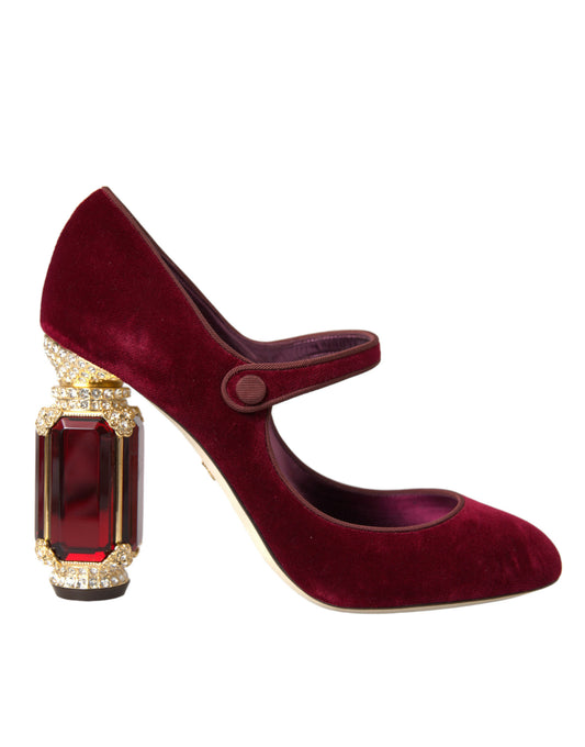 Dolce &amp; Gabbana Mary Jane-Schuhe aus rotem Samt mit goldenen Kristallen