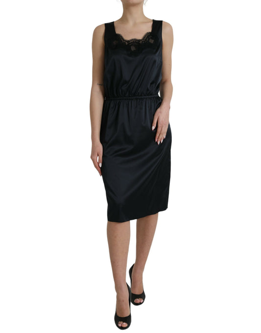 Robe fourreau mi-longue en polyester noir avec bordure en dentelle Dolce &amp; Gabbana