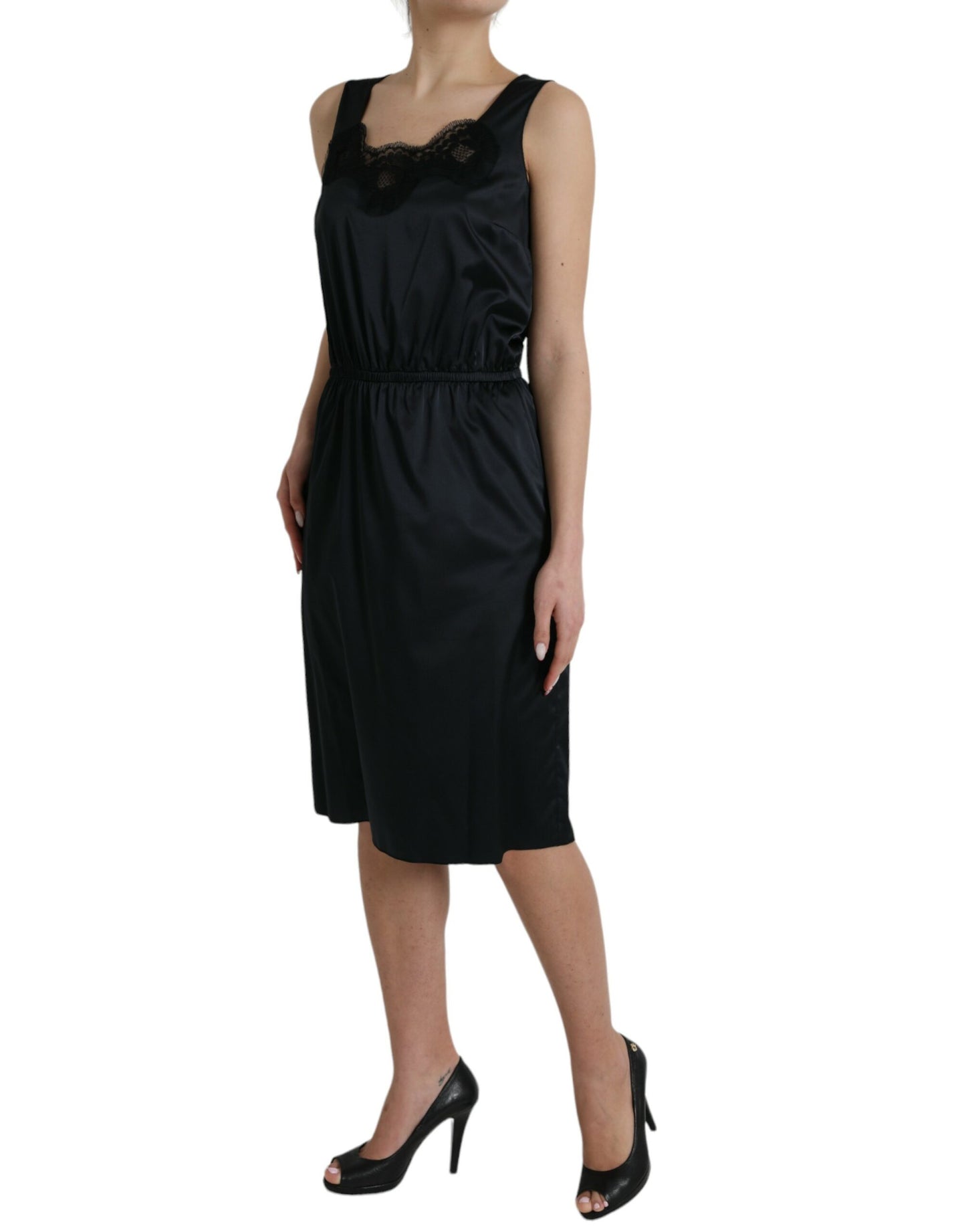 Robe fourreau mi-longue en polyester noir avec bordure en dentelle Dolce &amp; Gabbana